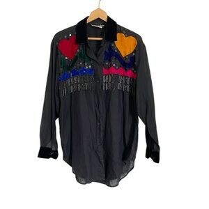 Vintage Whittall & Shon Black Hearts Patch Beaded Fringe Western Shirt size S